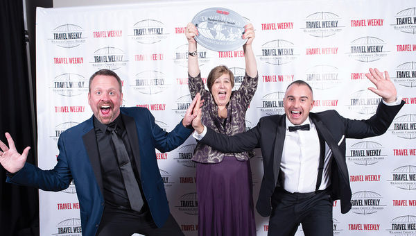 Jackie Friedman of Nexion with John Van  Den Heuvel and Brennan Quesnele of Gogo Vacations, which once again claimed the Group Packaged category and added a win in the Adventure category.