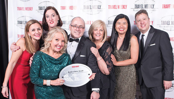 Paola Saraceni and Kristen Molloy of Delta Vacations; Laurie Miles, Jim Magrath and Kristen Shovlin of Delta Air Lines; Jennie Ho of Delta Vacations; and Scott Jordan of Delta Air Lines. Delta repeated its four wins from last year, and Delta Vacations repeated its 2018 win for Packaged Overall.