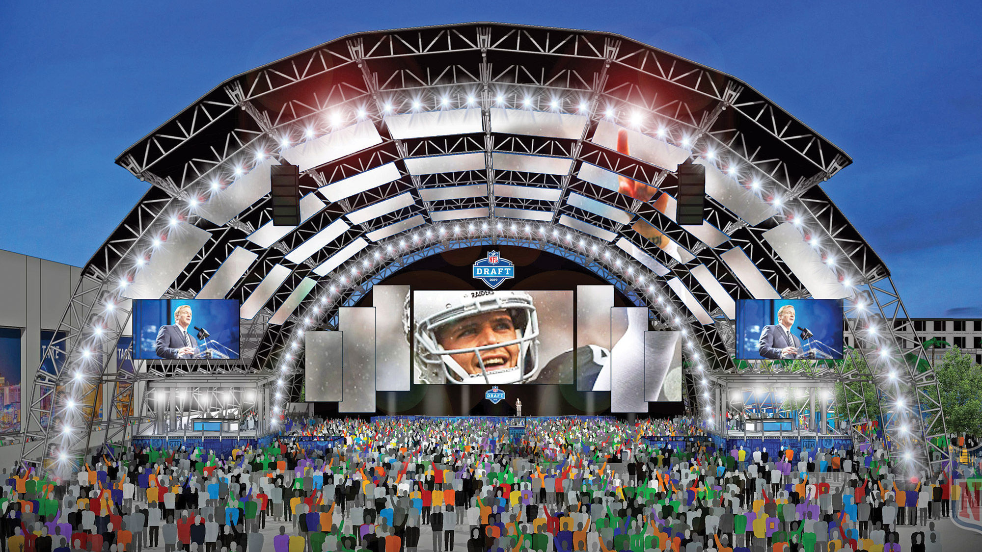 A rendering of the NFL Draft Main stage in Las Vegas in April.