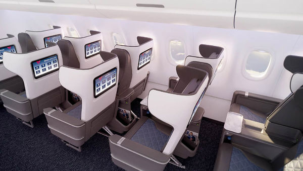 Delta's new first-class domestic seats feature fixed side panels around the headrest for privacy. Delta's new first-class domestic seats feature fixed side panels around the headrest for privacy.
