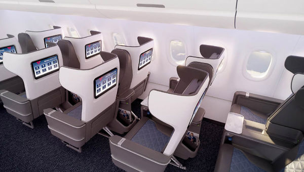 Delta's new first-class domestic seats feature fixed side panels around the headrest for privacy.