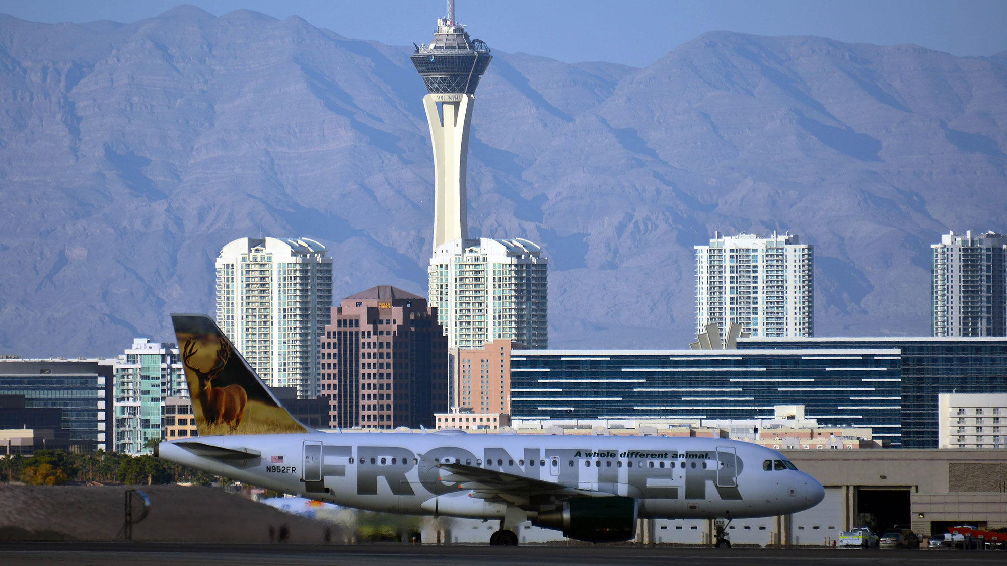 A Frontier Airlines jet at McCarran Airport in Nevada.
