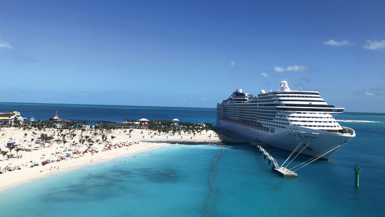 A view of the MSC Divina from atop the 115-foot lighthouse on Ocean Cay.