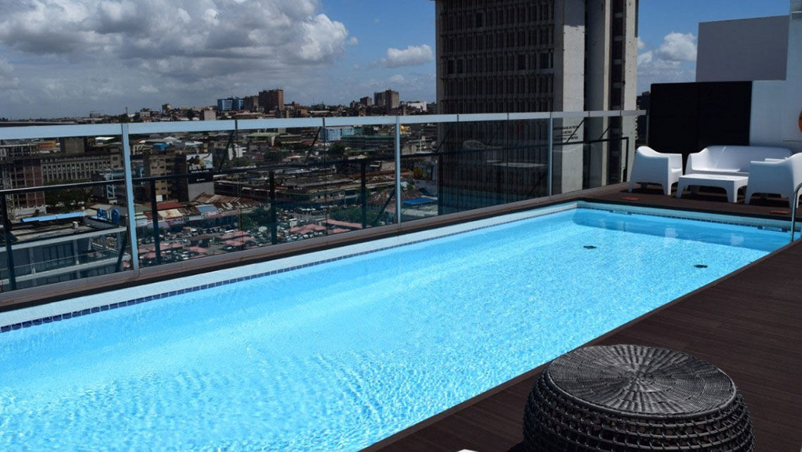 The pool deck at the Onomo Hotel Maputo.