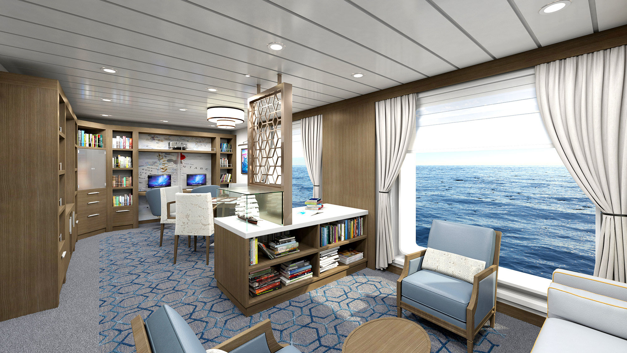 A rendering of the library on the Ocean Victory, Victory Cruise Lines' upcoming, 200-passenger newbuild.