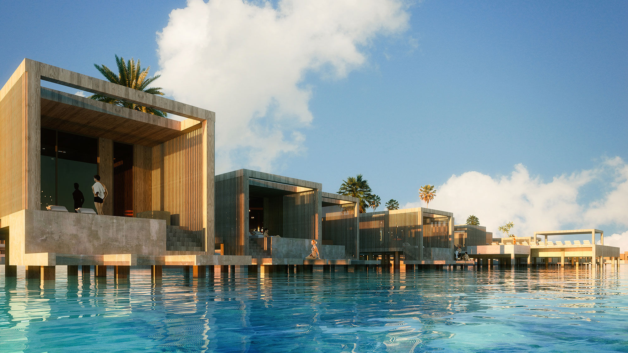 A rendering of over-the-water bungalows at Banyan Tree Illa Bahamas in Bimini.