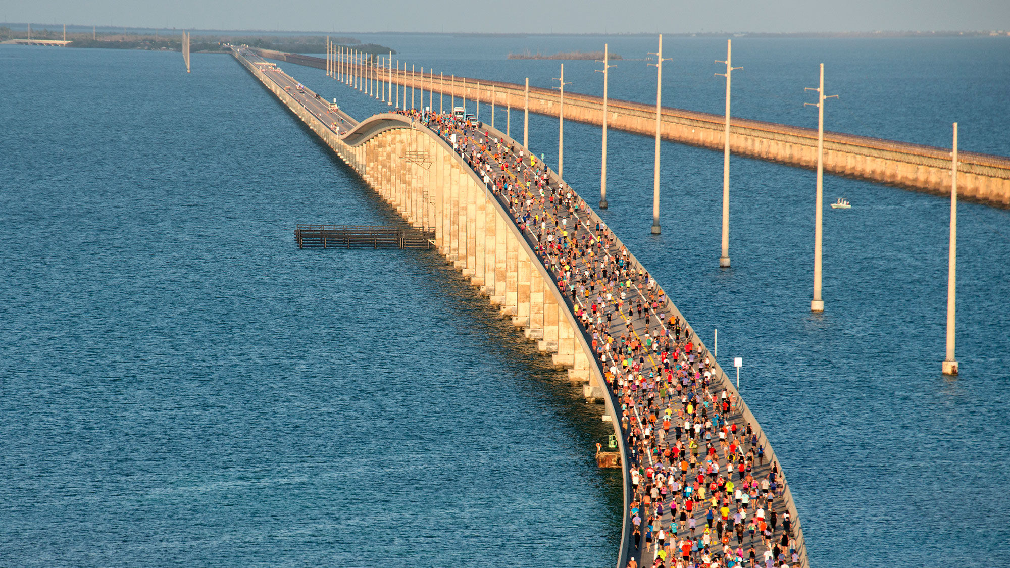 The 7-Mile Bridge Run held annually in the Florida Keys since 1982 puts 1,500 runners on the 7-mile span between Marathon and Big Pine Key in what is billed as the only race completely surrounded by water from start to finish.