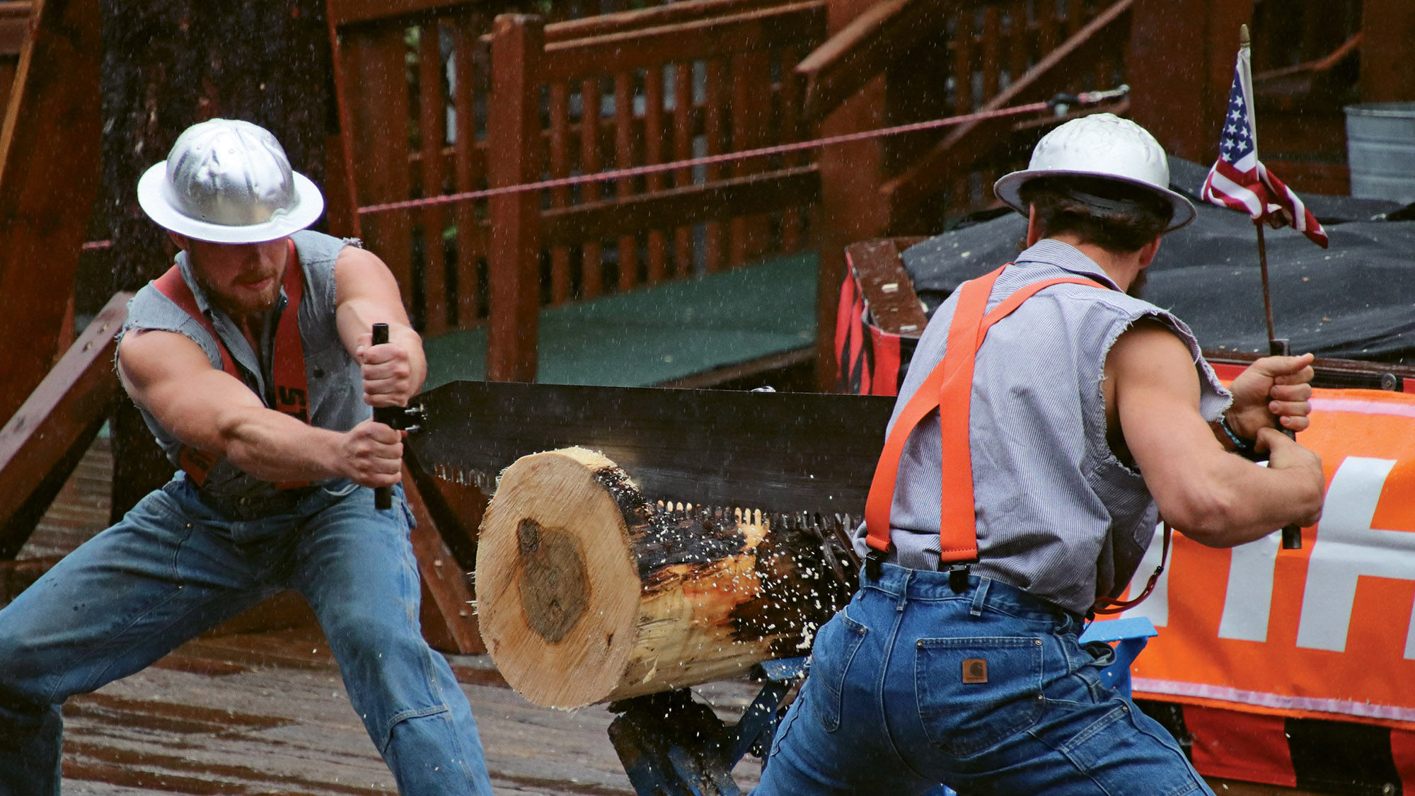 Team USA during the double buck competition at the Great Alaskan Lumberjack Show in Ketchikan.