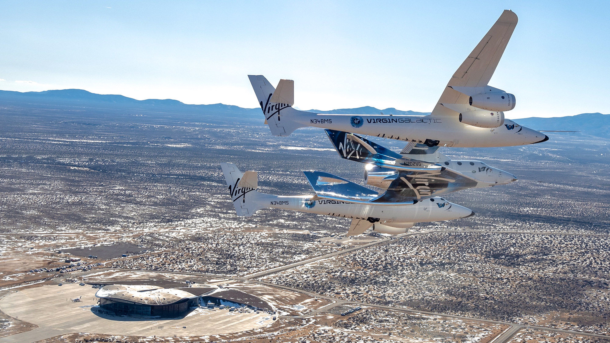 SpaceShipTwo Unity relocates to Virgin Galactic headquarters at Spaceport America in New Mexico.
