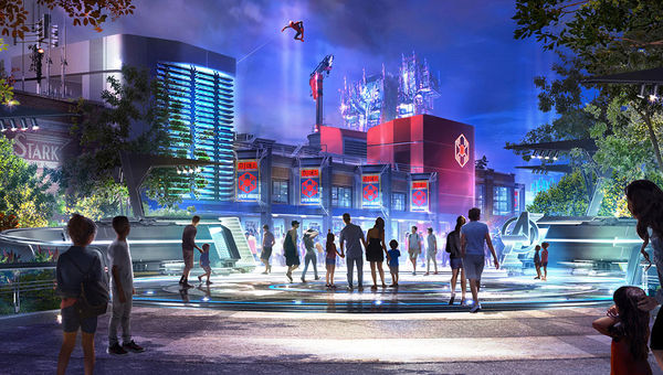 A rendering of the exterior of Worldwide Engineering Brigade, or WEB, at night in Avengers Campus.