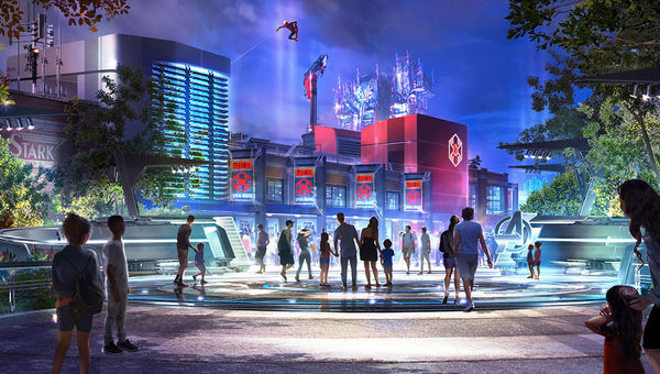 A rendering of the exterior of Worldwide Engineering Brigade, or WEB, at night in Avengers Campus. A rendering of the exterior of Worldwide Engineering Brigade, or WEB, at night in Avengers Campus.