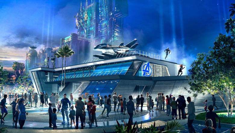 A rendering of Avengers Headquarters, the heart of Avengers Campus.