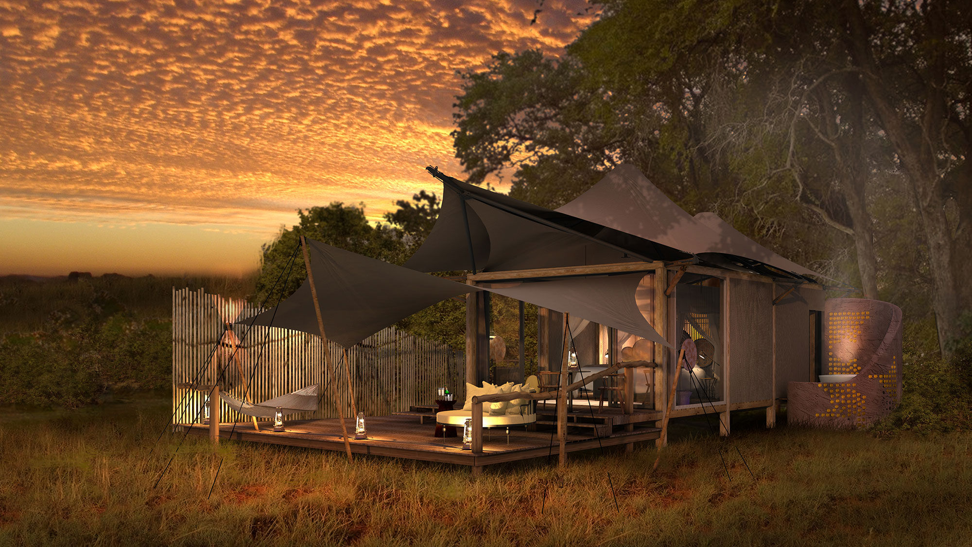 Rendering of a guest tent and its view at Khwai Leadwood in Botswana's Okavango Delta.