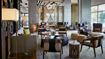 The lobby at the Marriott Irvine Spectrum, one of several Marriott properties offering special rates for first responders and frontline healthcare workers.