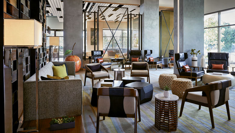The lobby at the Marriott Irvine Spectrum, one of several Marriott properties offering special rates for first responders and frontline healthcare workers.