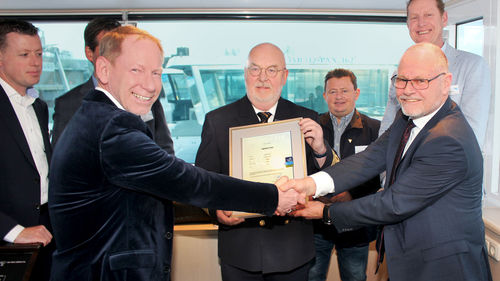 The AmaKristina gets its Green Award certification. On hand were, from left, Andre Slagter, corporate staff captain, Rivertech; Otto Groen, managing director, Rivertech; Wade Korzan, director European operations, AmaWaterways; captain Jan Tensen; George Stefan, corporate captain, Rivertech; Jan Fransen, executive director, Green Award Foundation; and Richard Wubbeling, corporate fleet captain, Rivertech. The AmaKristina gets its Green Award certification. On hand were, from left, Andre Slagter, corporate staff captain, Rivertech; Otto Groen, managing director, Rivertech; Wade Korzan, director European operations, AmaWaterways; captain Jan Tensen; George Stefan, corporate captain, Rivertech; Jan Fransen, executive director, Green Award Foundation; and Richard Wubbeling, corporate fleet captain, Rivertech.