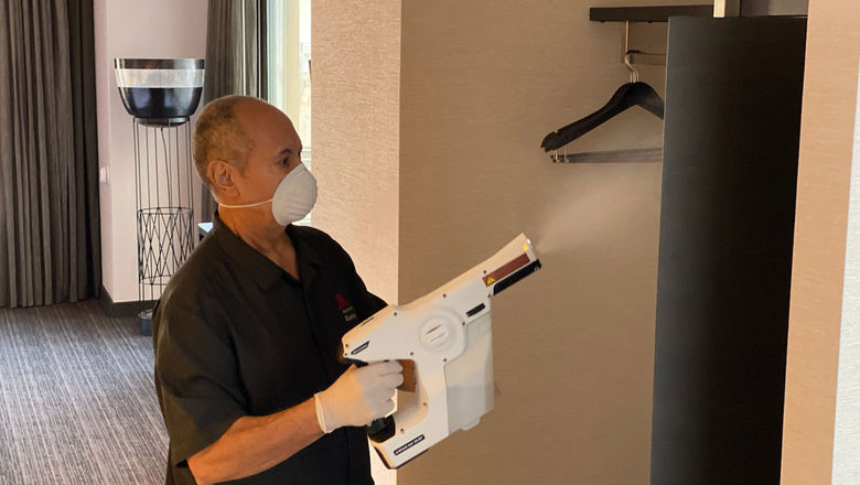 Electrostatic sprayers use hospital-grade disinfectant to rapidly sanitize spaces.