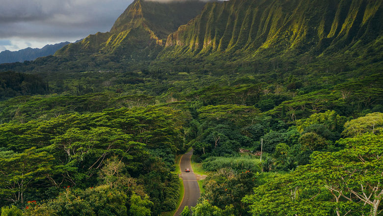 The Haiku Stairs, known as the "Stairway to Heaven," climb to the top of Puu Keahiakahoe ridge in the Koolau Mountains.