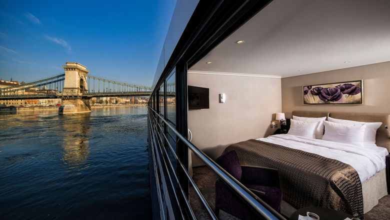 The view of the Budapest's Szechenyi Chain Bridge from a Panorama Suite on the Avalon Envision.