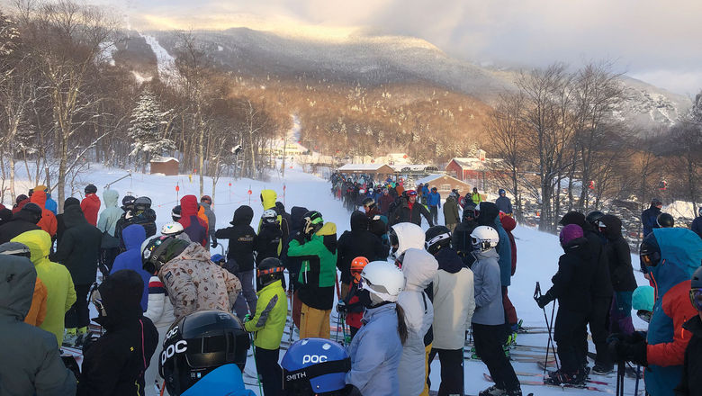 A busy lift line last season at Stowe in Vermont. Ski operators will be working to avoid overcrowding when they reopen for business.
