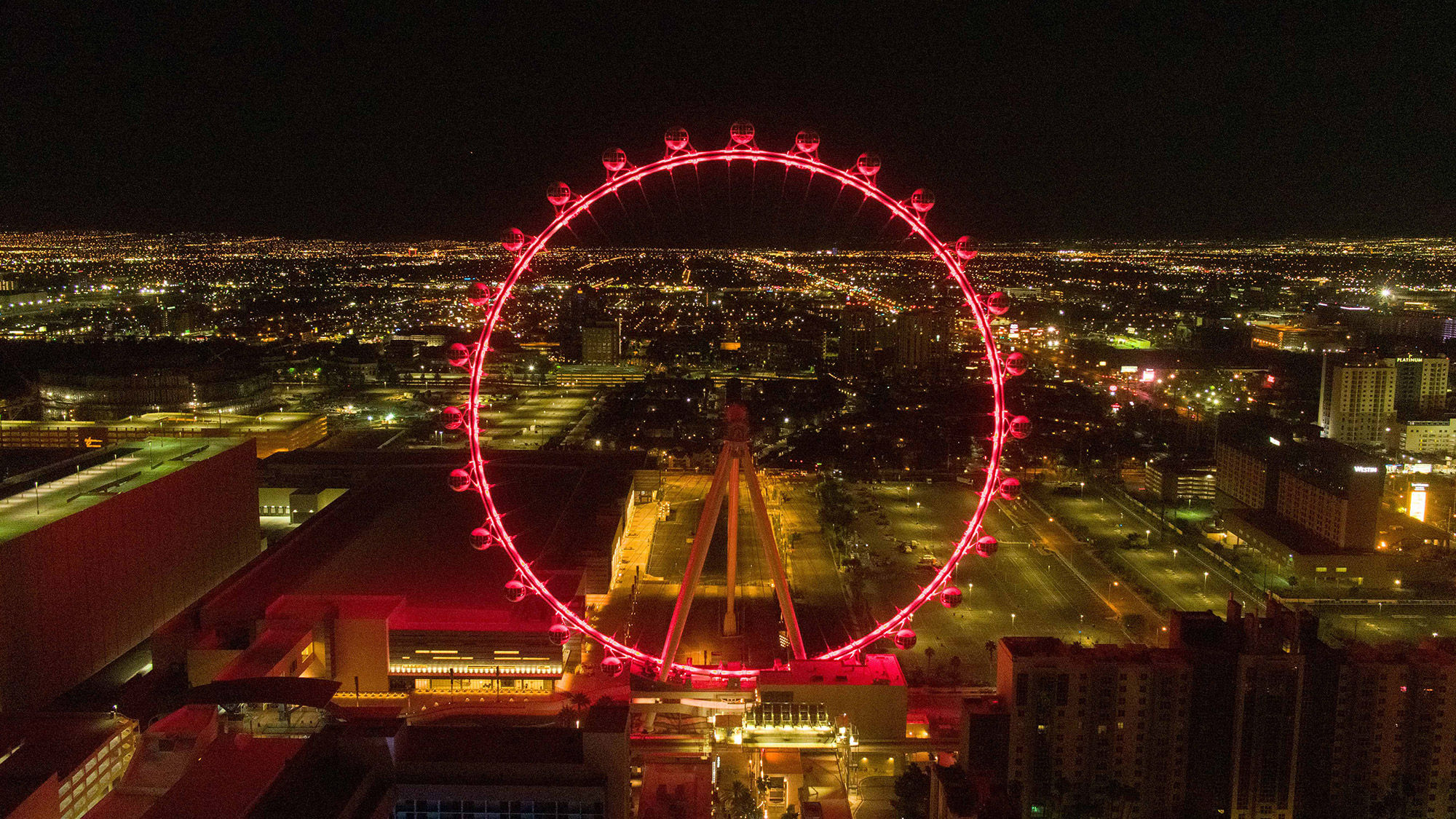 Several Caesars Entertainment properties, including the High Roller Observation Wheel at the Linq, were lit red May 5 to honor hospitality workers.