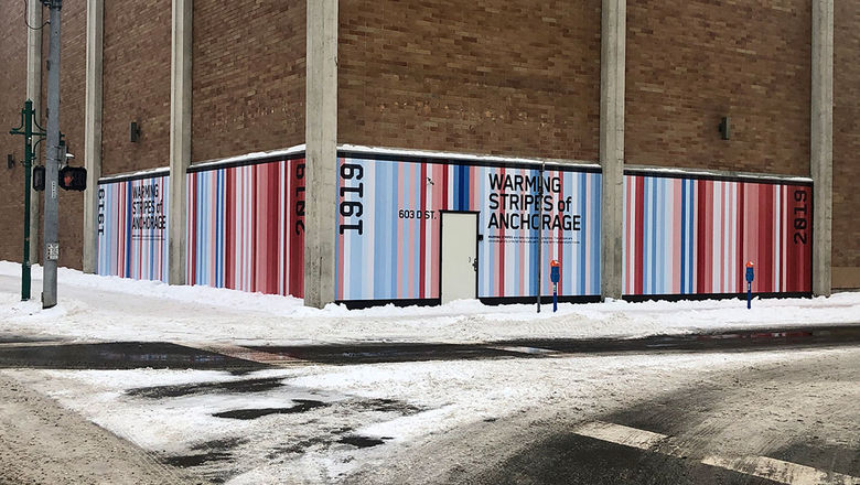Designer Karen Larsen's "Warming Stripes" uses 100 vertical stripes to depict average annual Anchorage temperatures from 1919 to 2019.