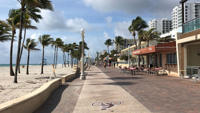 The asphalt-paved Hollywood Broadwalk extends about 2.5 miles along the central part of Hollywood Beach and is a magnet for tourists and residents alike.