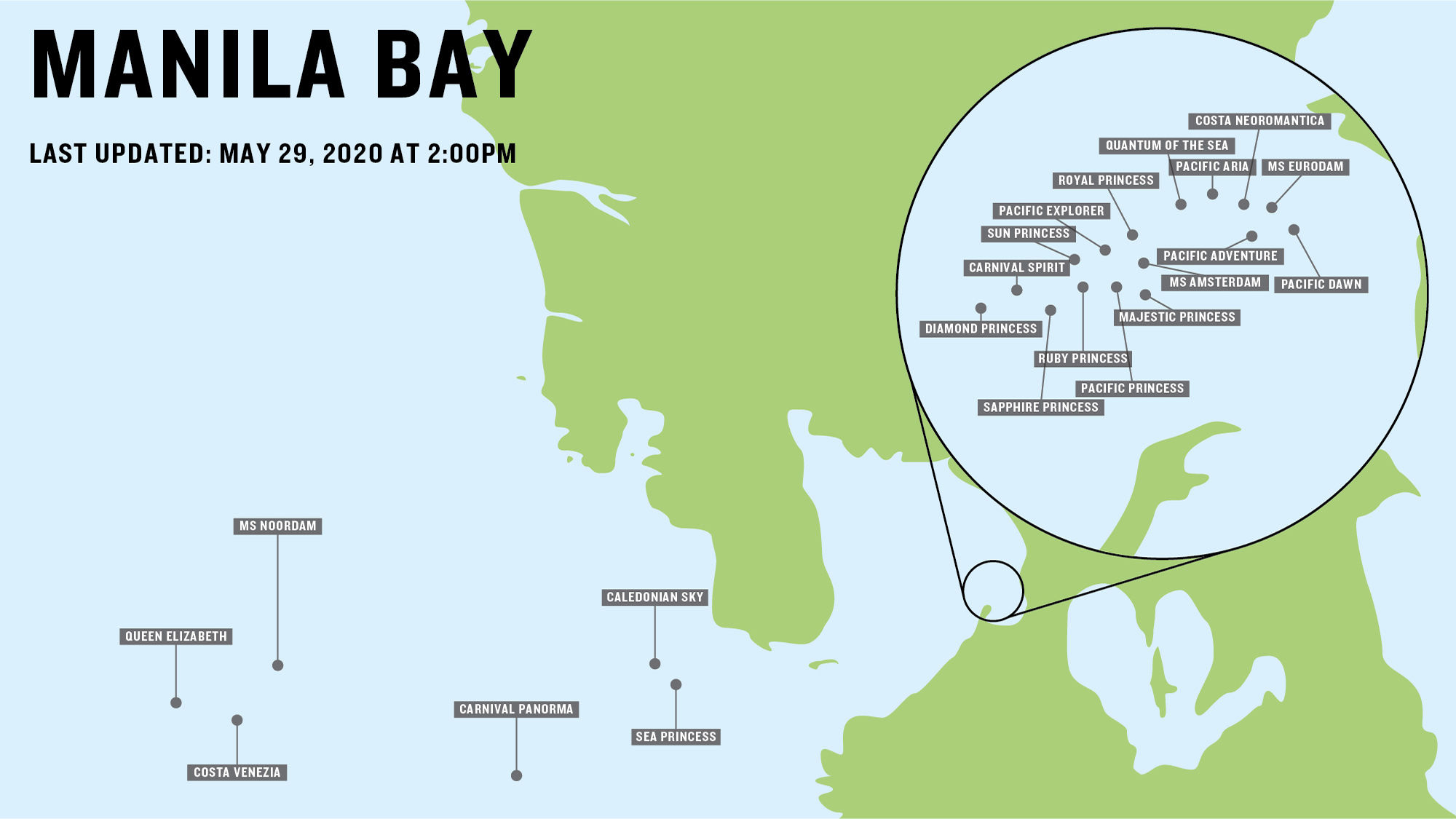 A map of Manila Bay shows the positions of more than 20 cruise ships that had arrived in the Philippines to repatriate crew.