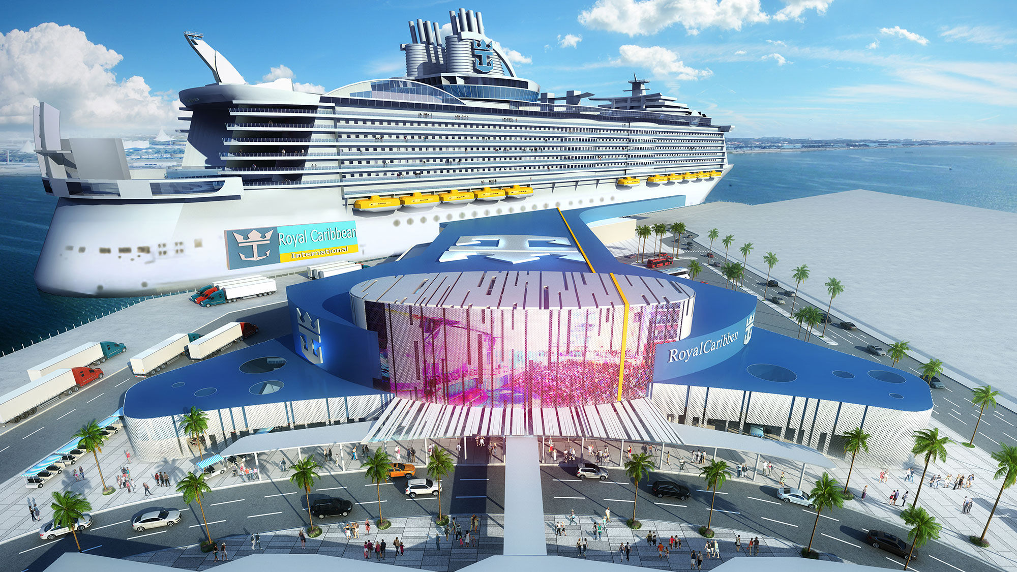 A rendering of Royal Caribbean's Allure of the Seas docked at the planned terminal in Galveston, Texas.