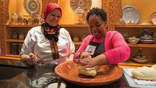 Margie Jordan participates in a cooking class on a trip to Morocco.