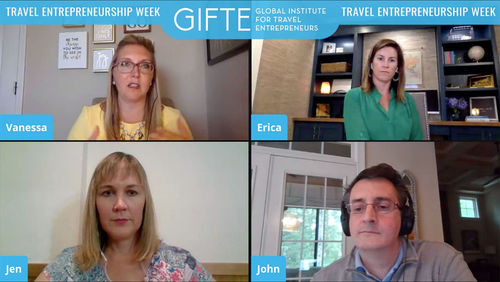 Clockwise from top left, Vanessa McGovern, Erica Carr, John Rees and Jen Campbell Boles participating in a discussing during Travel Entrepreneurship Week. Clockwise from top left, Vanessa McGovern, Erica Carr, John Rees and Jen Campbell Boles participating in a discussing during Travel Entrepreneurship Week.