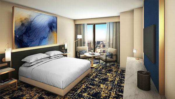 Hilton Las Vegas guestrooms will have a primary color palette of deep blues, golds and neutral cream tones. Hilton Las Vegas guestrooms will have a primary color palette of deep blues, golds and neutral cream tones.