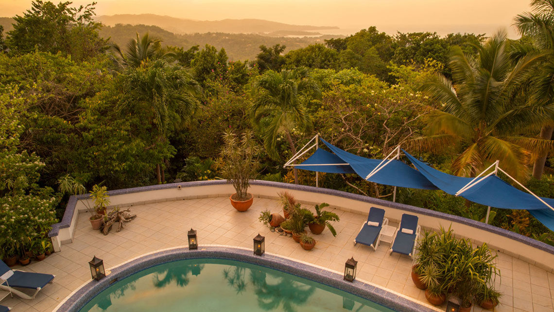 The pool and view from Mockingbird Hill in Port Antonio, Jamaica.