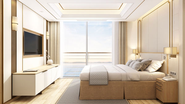 Rendering of the Explorer Suite on the Viking Saigon. Every cabin will have floor-to-ceiling sliding glass doors with a veranda or French balcony. Rendering of the Explorer Suite on the Viking Saigon. Every cabin will have floor-to-ceiling sliding glass doors with a veranda or French balcony.