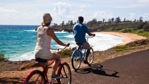 A couple bikes on the Ke Ala Hele Makalae path along Kauai's eastern coastline. A couple bikes on the Ke Ala Hele Makalae path along Kauai's eastern coastline.