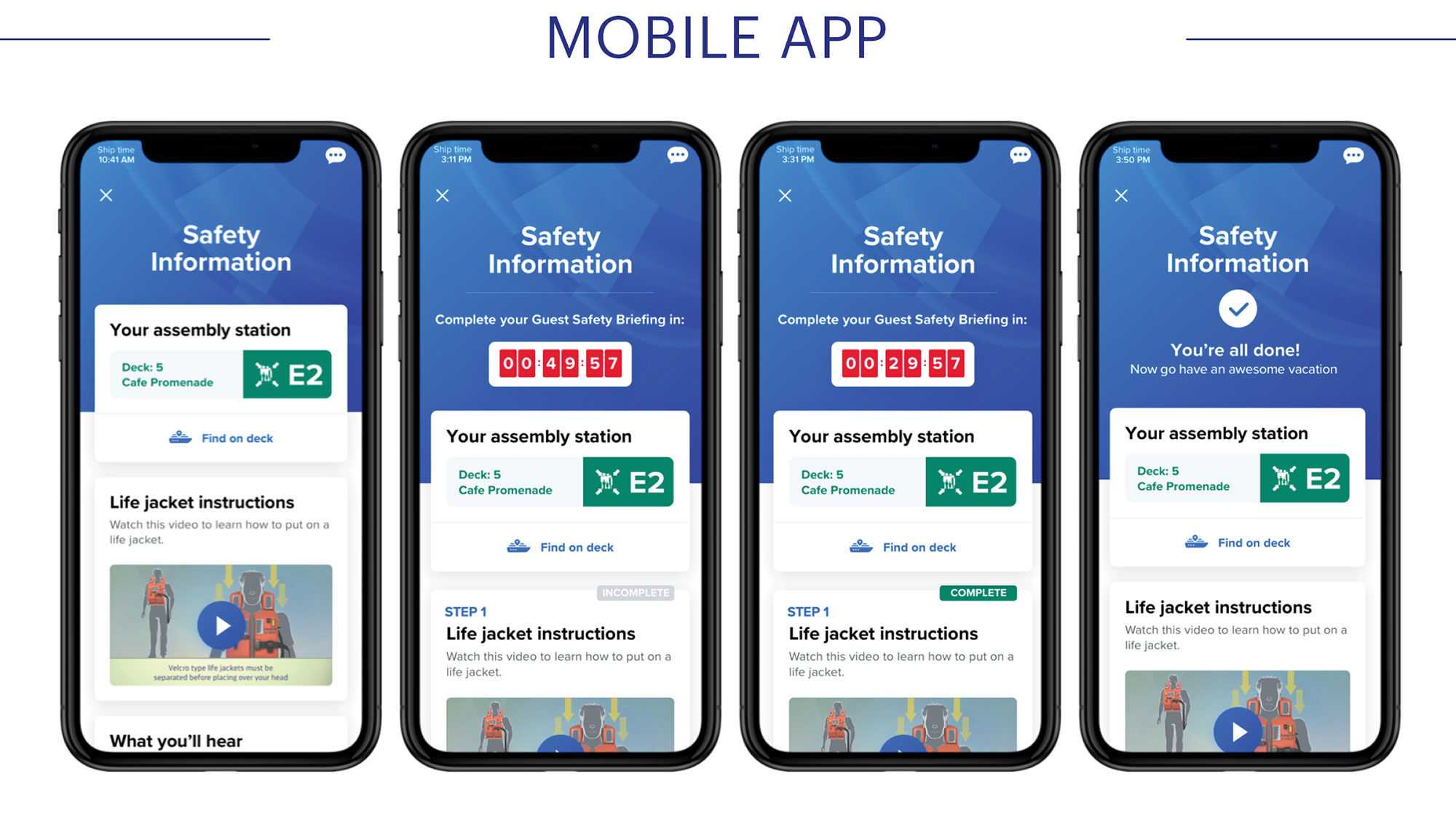 With Muster 2.0, passengers can use their mobile devices to access safety information, which they will have to review prior to setting sail.