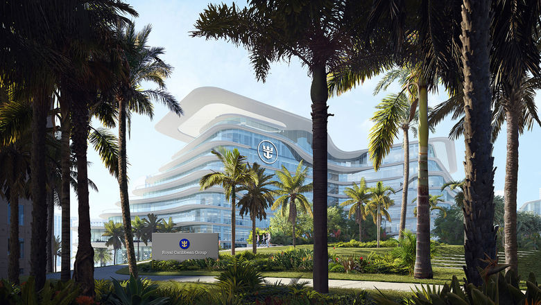 The refreshed logo for the newly renamed Royal Caribbean Group as seen in a rendering of its Miami headquarters.
