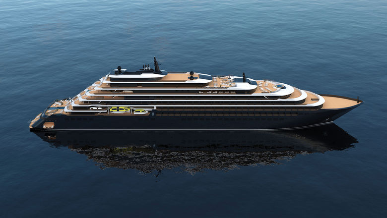 A rendering of the Evrima, the Ritz-Carlton Yacht Collection's first ship. The luxury ship's debut has been pushed back once again, from August to October.