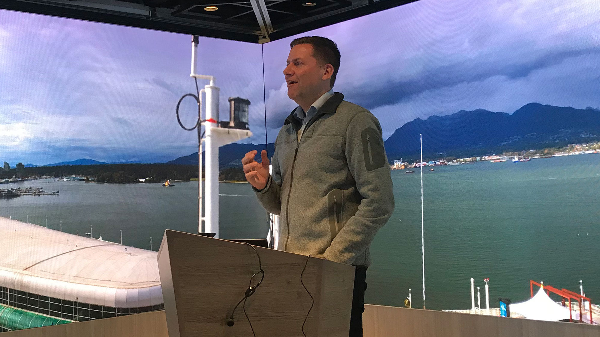 Hurtigruten CEO Daniel Skjeldam speaking onboard the Roald Amundsen in 2019.