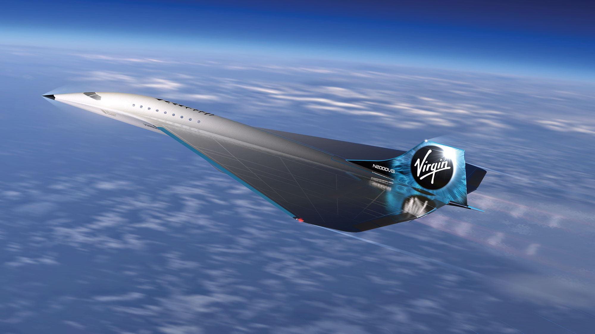 A rendering of a passenger aircraft in the works from Virgin Galactic that would travel at speeds of Mach 3.
