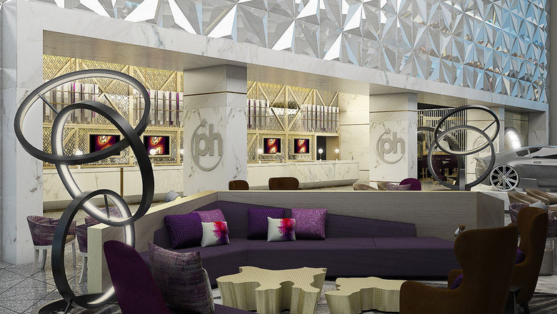 A rendering of the lobby lounge at the Planet Hollywood Beach Resort Cancun.