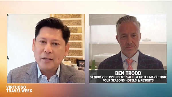 Moderator Albert Herrera, Virtuoso Moderator Albert Herrera, Virtuoso's senior vice president of partnerships, and Ben Trodd, senior vice president of sales and marketing for Four Seasons, during a panel at Virtuoso Travel Week 2020.