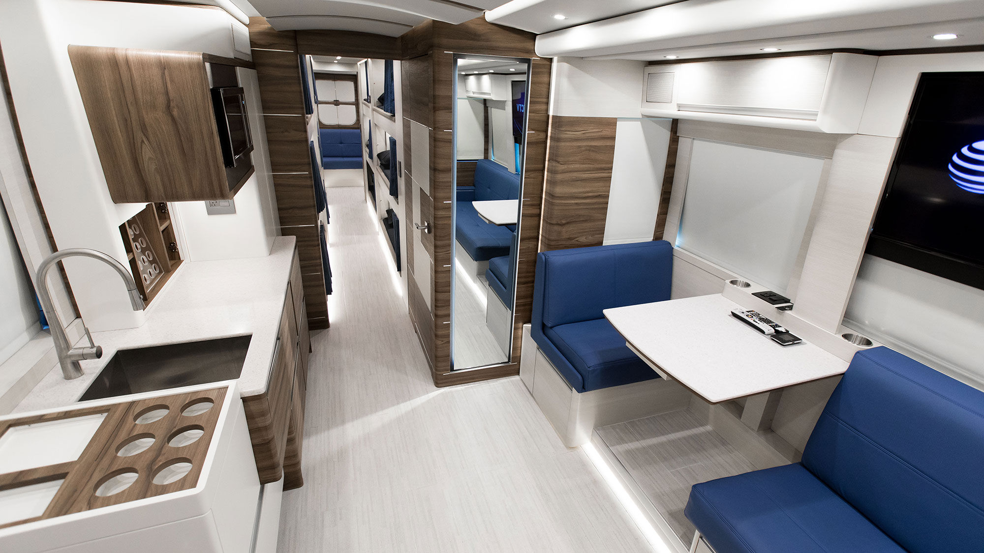 The interior of a Storm Trooper Coaches tour vehicle, which can sleep up to 12 and comes with a driver.