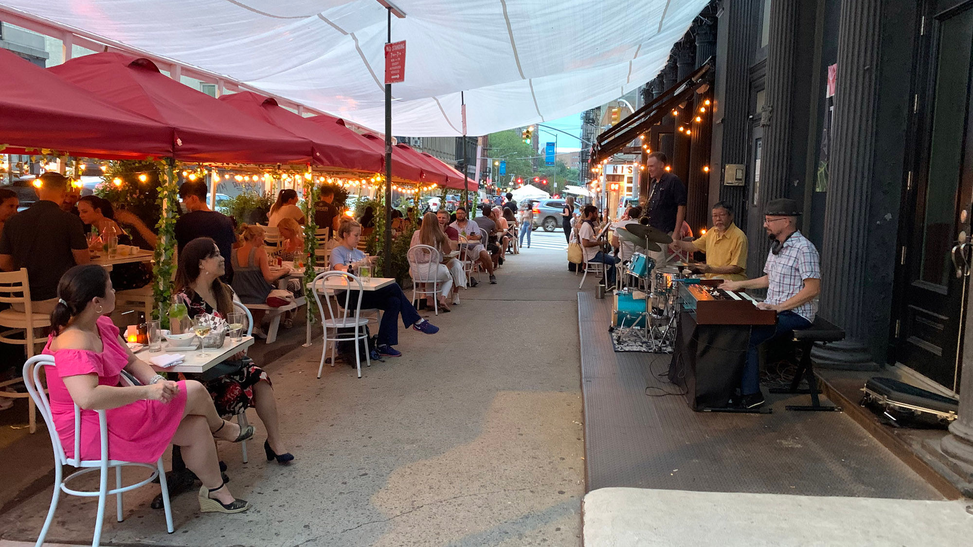A jazz band plays at 1803, a New Orlean-inspired restaurant in New York City's Tribeca neighborhood, on a warm August night.