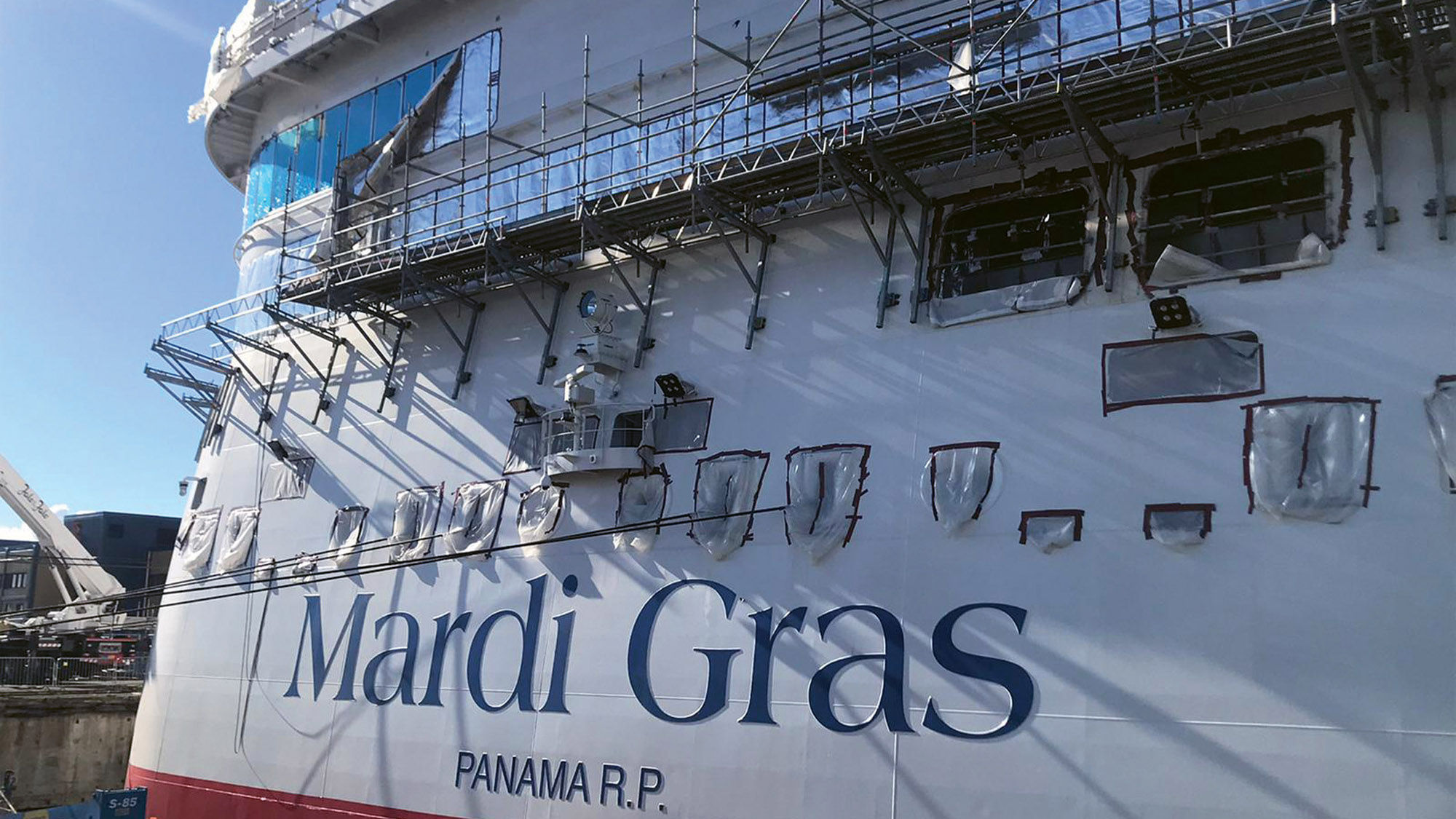The exterior of Carnival Cruise Line's upcoming Mardi Gras ship, under construction in Turku, Finland.