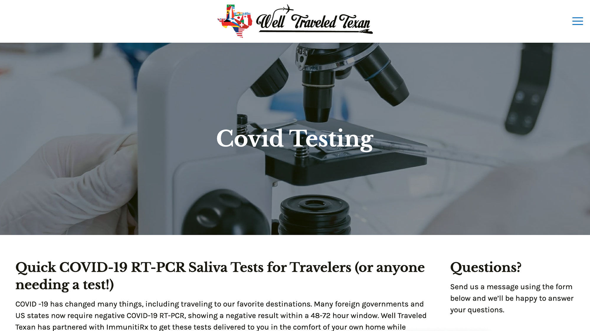 Well Traveled Texan's webpage for travelers to order a Covid-19 test from ImmunitiRx.