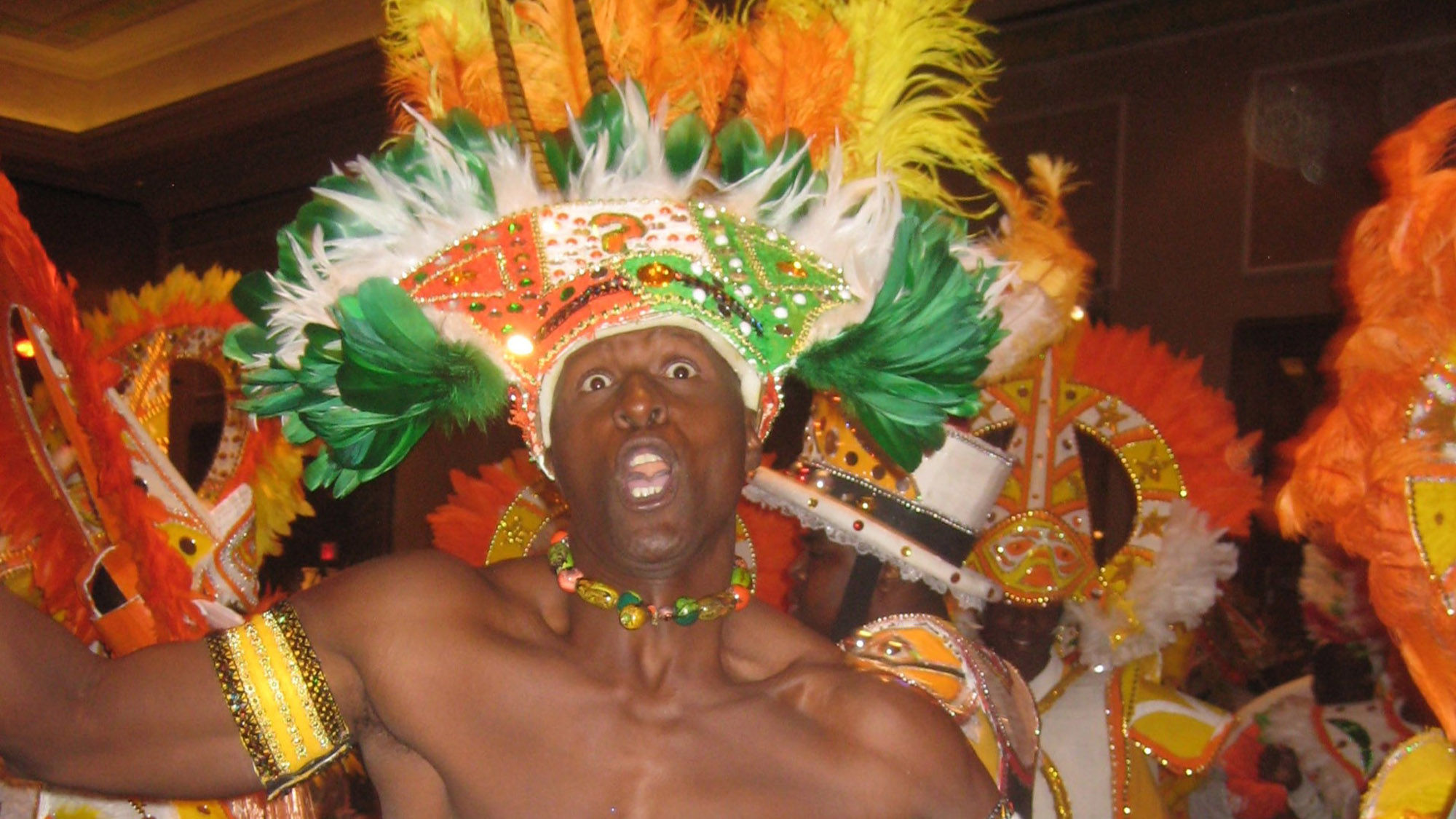 Exuberant Junkanoo dancer performs in the Bahamas.