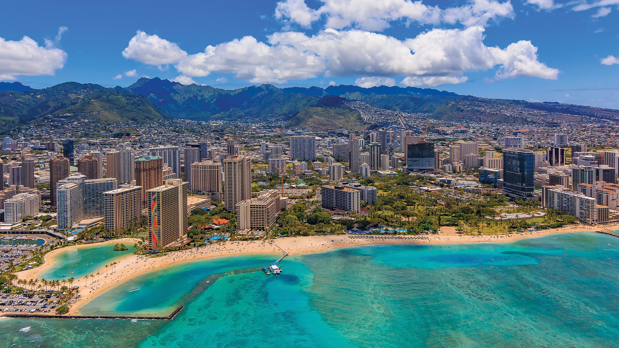 An aerial view of Waikiki. United says it will provide rapid Covid tests to passengers departing for Hawaii from San Francisco.