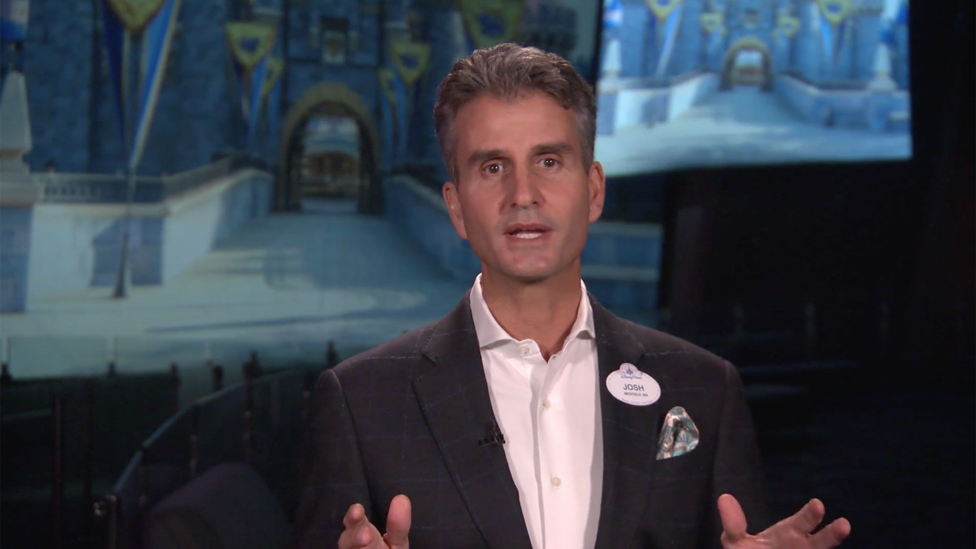 Josh D’Amaro, chairman of Disney Parks, Experiences and Products, during a video update on the company’s operations during the coronavirus pandemic. D’Amaro removed his mask after explaining he was filming alone in Disney California Adventure Park.