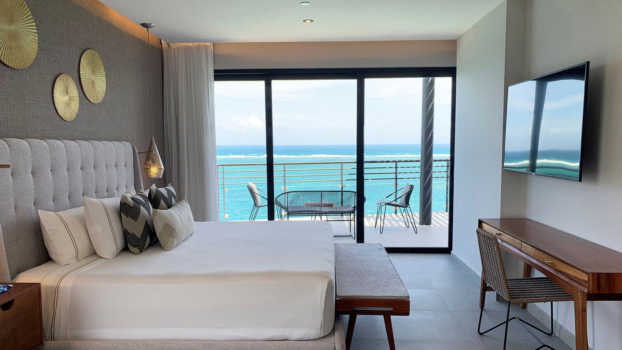 A guestroom at the Fives Oceanfront in Puerto Morelos.
